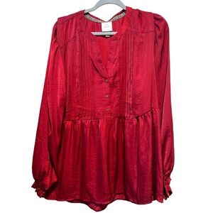 Knox Rose Red Pintuck Satin Holiday Casual Career Pullover Top Size XXL